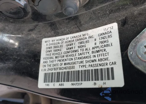 2012 Honda Civic Lx z USA, uszkodzony, nr VIN 2HGFB2F56CH610330